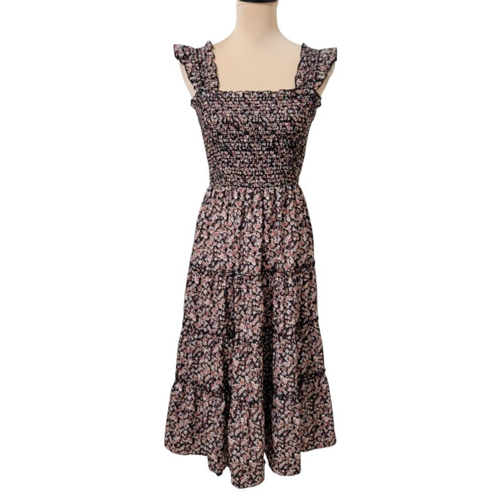 BTFBM Size S Boho Smocked Beach Party Midi Sundress, Elastic Ruffle Strap EUC